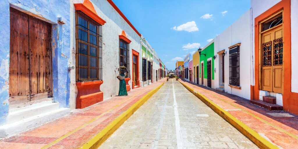 Street in Campeche, Mexico colorful doors clean